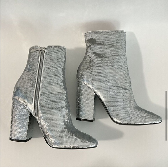 Kendall + Kylie Bootie Silver Sequin Haedyns Square-toe Ankle Boots - Picture 7 of 11